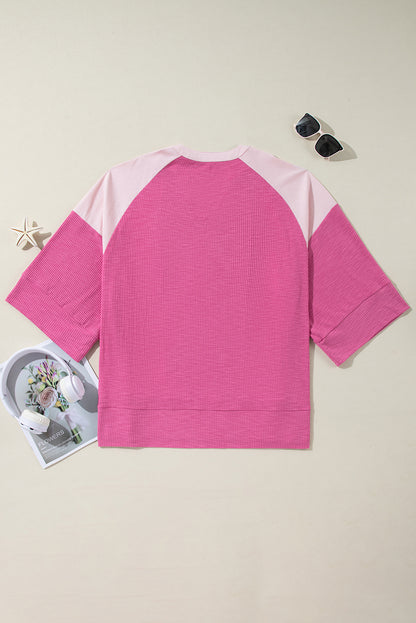 Straw Yellow Textured Colorblock 3/4 Sleeve Oversize Top