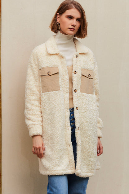 Khaki Contrast Flap Pocket Single Breasted Teddy Coat