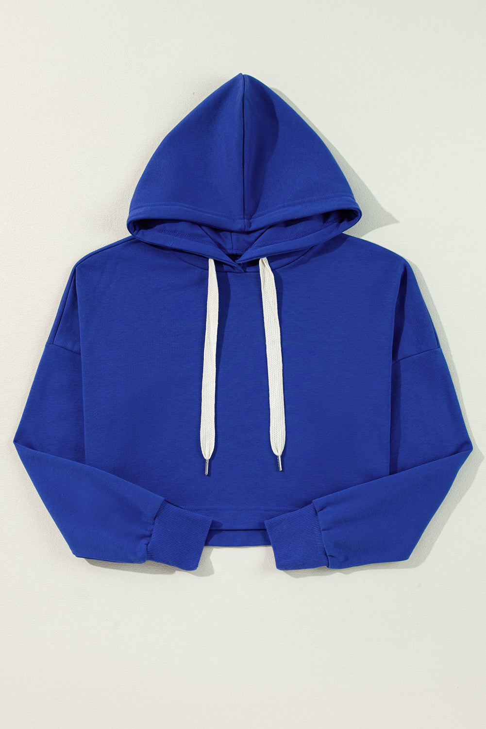 Black Solid Drop Shoulder Drawstring Cropped Hoodie