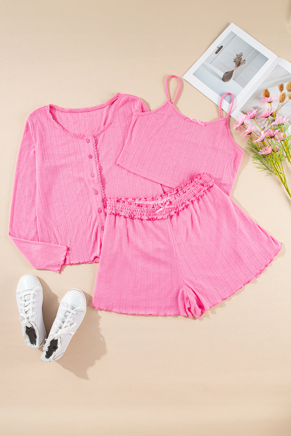 Orchid Petal Delicate Texture Cropped Cami Shorts and Cardigan 3pcs Lounge Set
