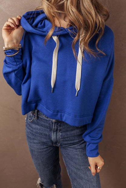 Black Solid Drop Shoulder Drawstring Cropped Hoodie
