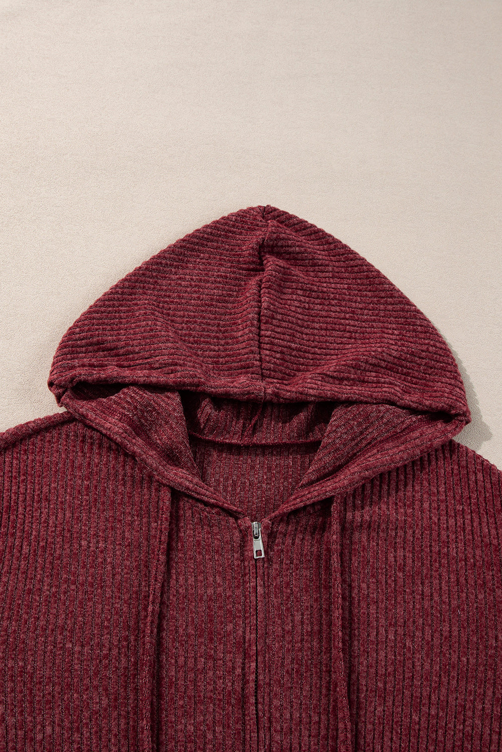 Evergreen Ribbed Zip Up Front Drawstring Hoodie