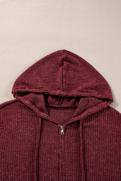 Evergreen Ribbed Zip Up Front Drawstring Hoodie