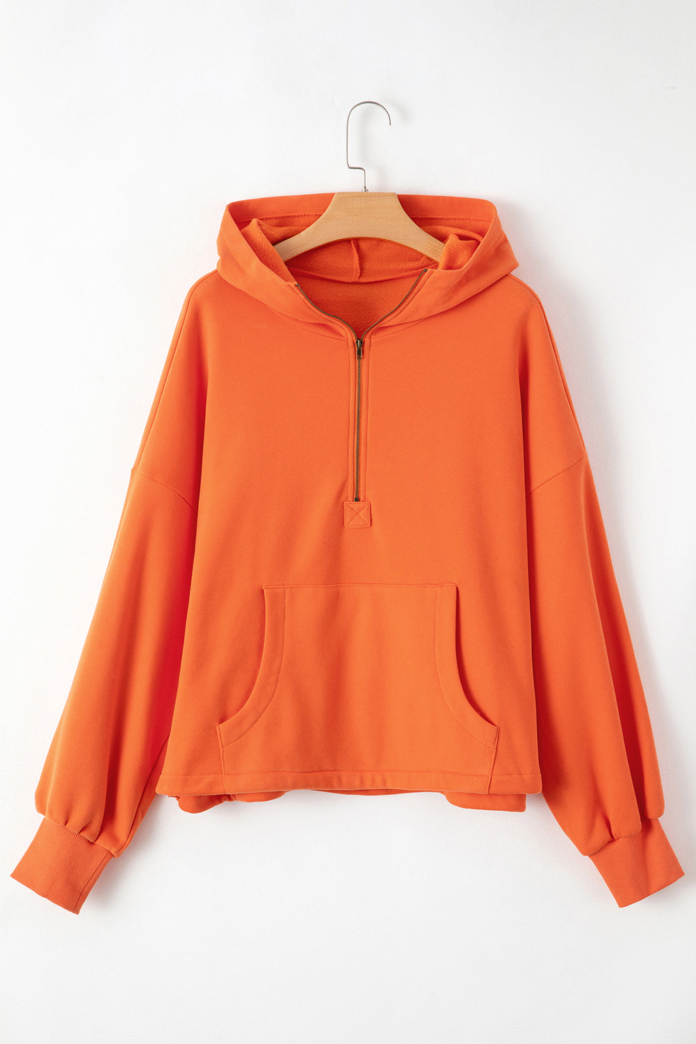 Bonbon Fleece Lined Half Zipper Kangaroo Pockets Loose Hoodie