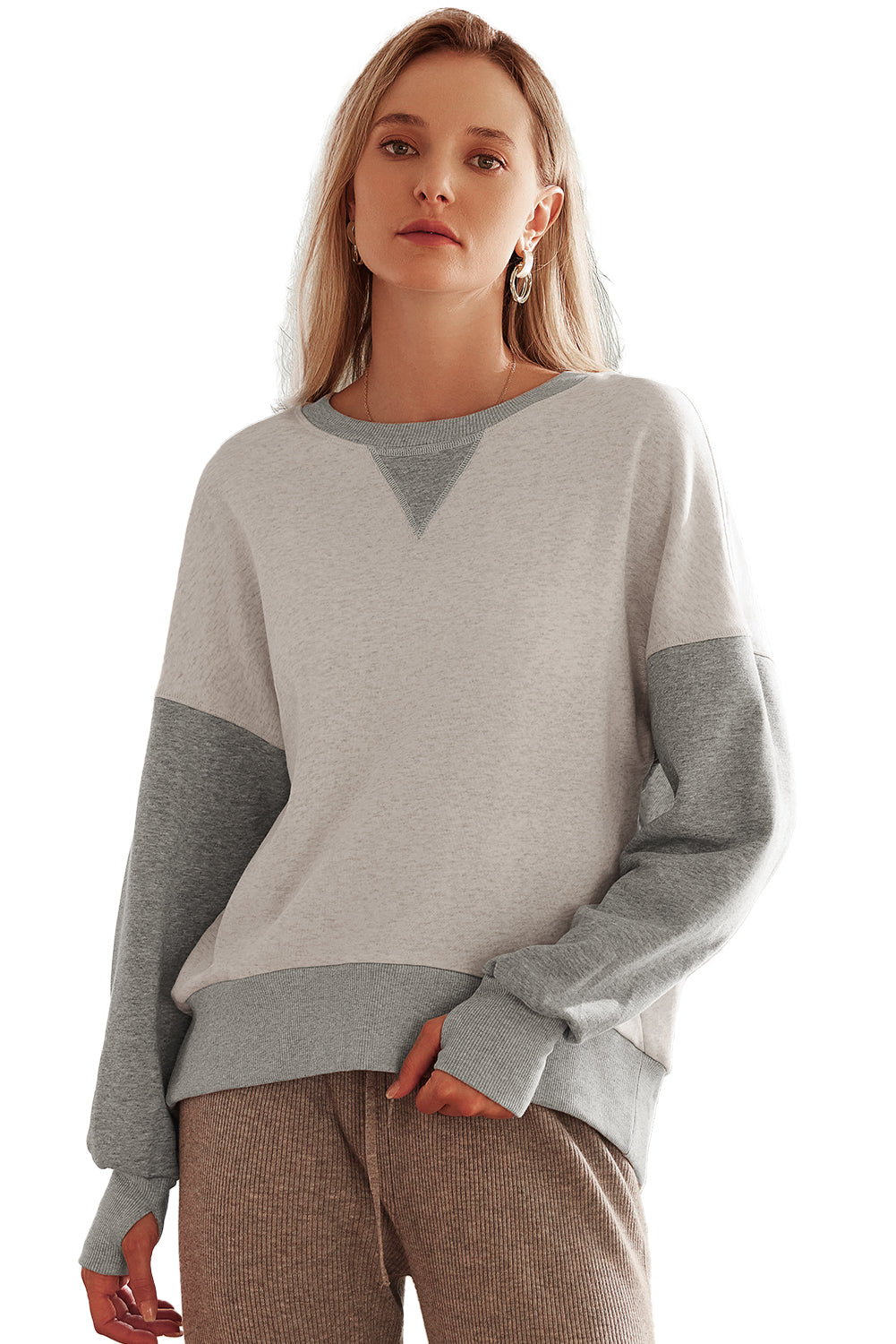 Parchment Color Block Thumbhole Sleeve Drop Shoulder Sweatshirt
