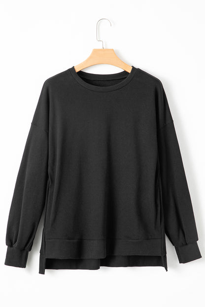 Parchment Solid O Neck High Low Hem Pullover Sweatshirt