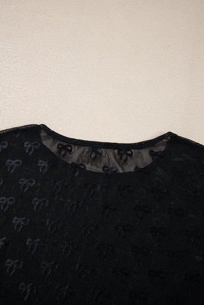 White Mesh Bow Pattern Long Sleeve Top