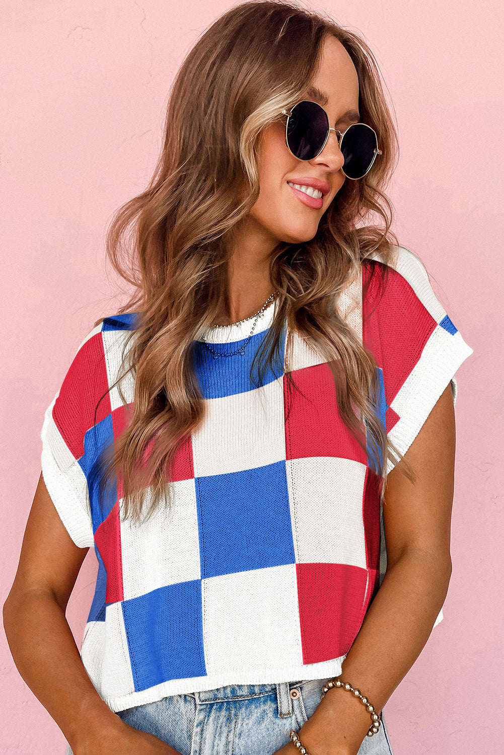 Dark Green Color Block Cap Sleeve Sweater