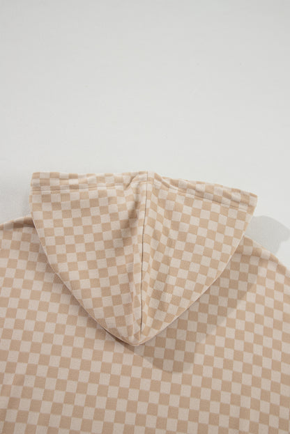 Khaki Checkered Print Kangaroo Pocket Drawstring Hoodie