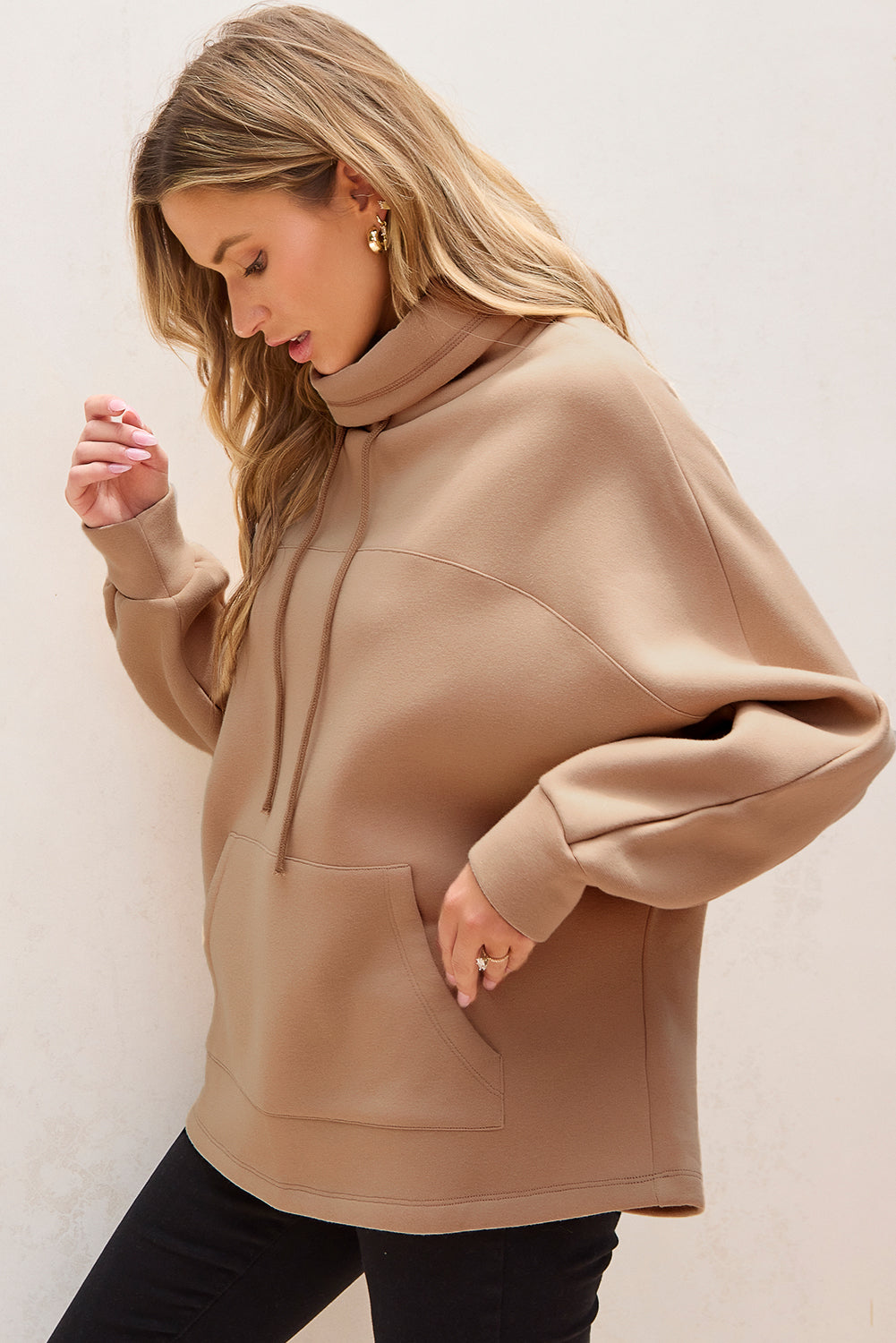 Apricot Drawstring Turtleneck Dolman Sleeve Sweatshirt