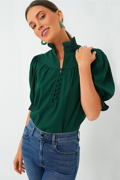 Green Stripe Plaid Puff Sleeve Frilled Trim Elegant Blouse