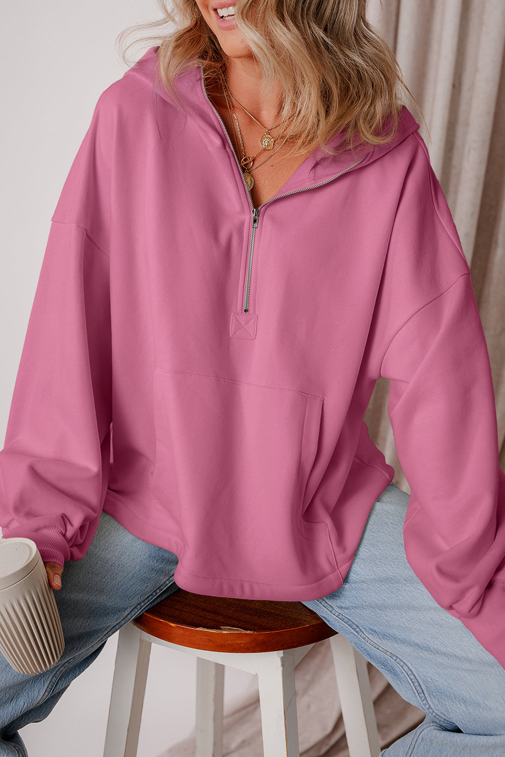 Bonbon Fleece Lined Half Zipper Kangaroo Pockets Loose Hoodie