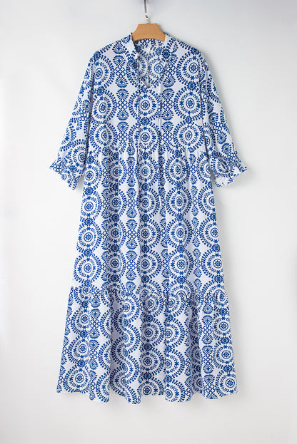 Sky Blue Geometric Print Lace-up Notch Neck Plus Size Maxi Dress