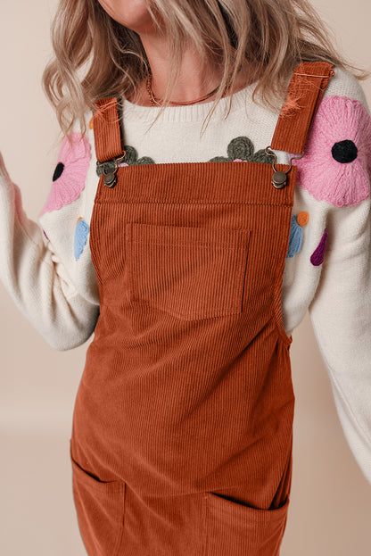 Black Solid Front Pockets Sleeveless Corduroy Overall Dress