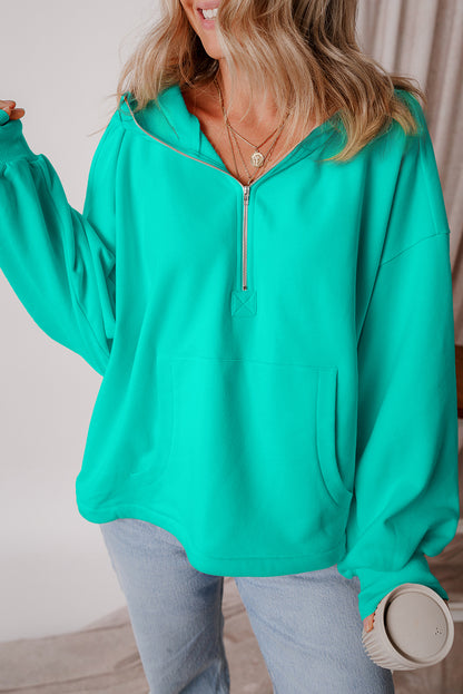 Bonbon Fleece Lined Half Zipper Kangaroo Pockets Loose Hoodie