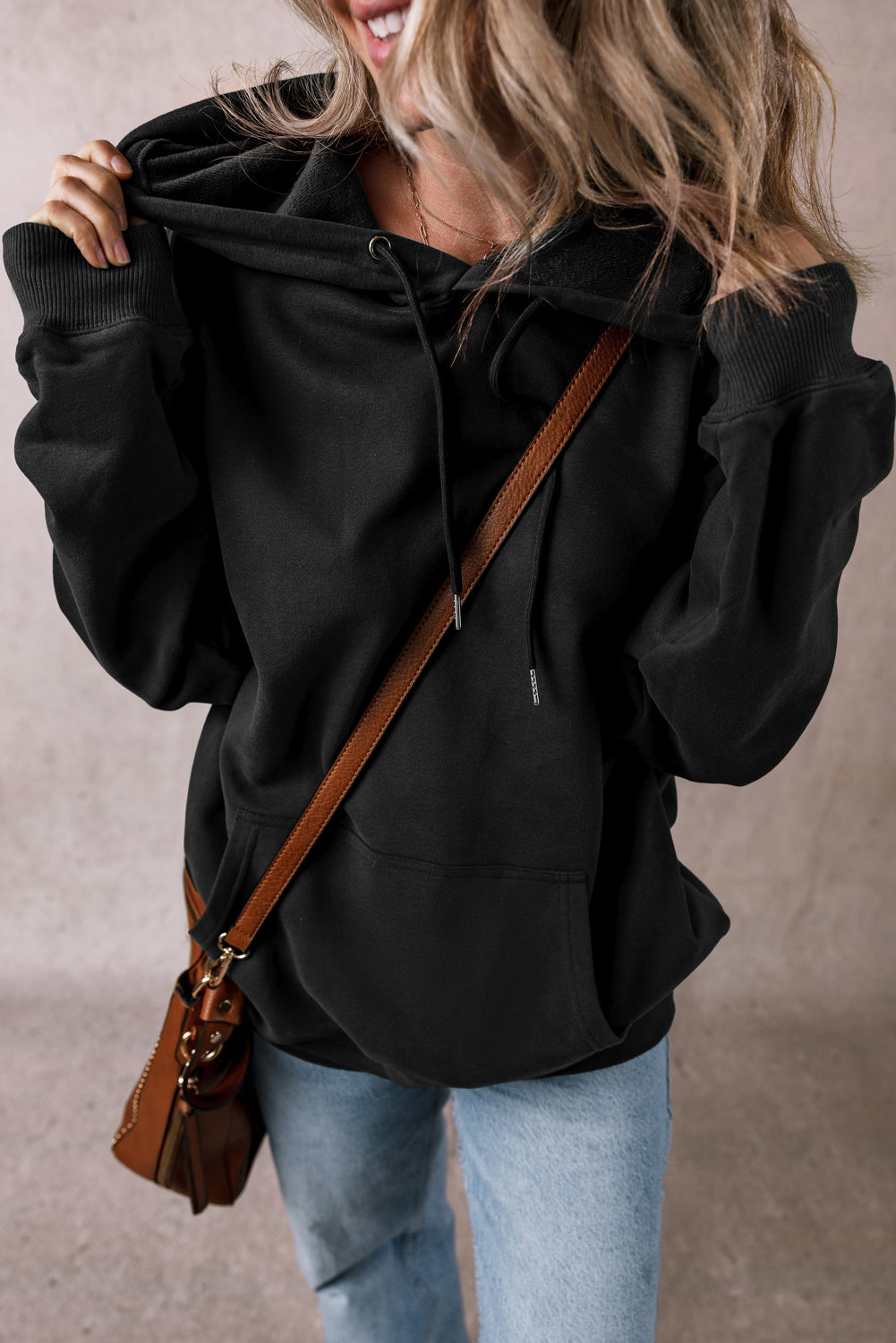 Bonbon Fleece Lined Kangaroo Pocket Drawstring Chunky Hoodie