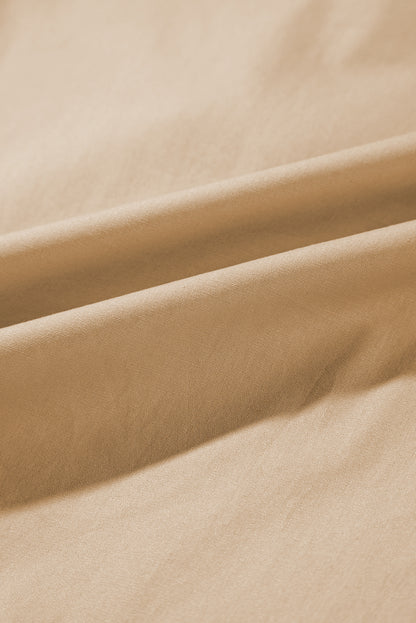Pale Khaki Contrast Trim Pintuck Puff Sleeve Tied Neck Short Dress