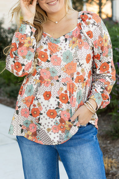 Khaki Plus Size Flower Print Square Neck Peplum Blouse