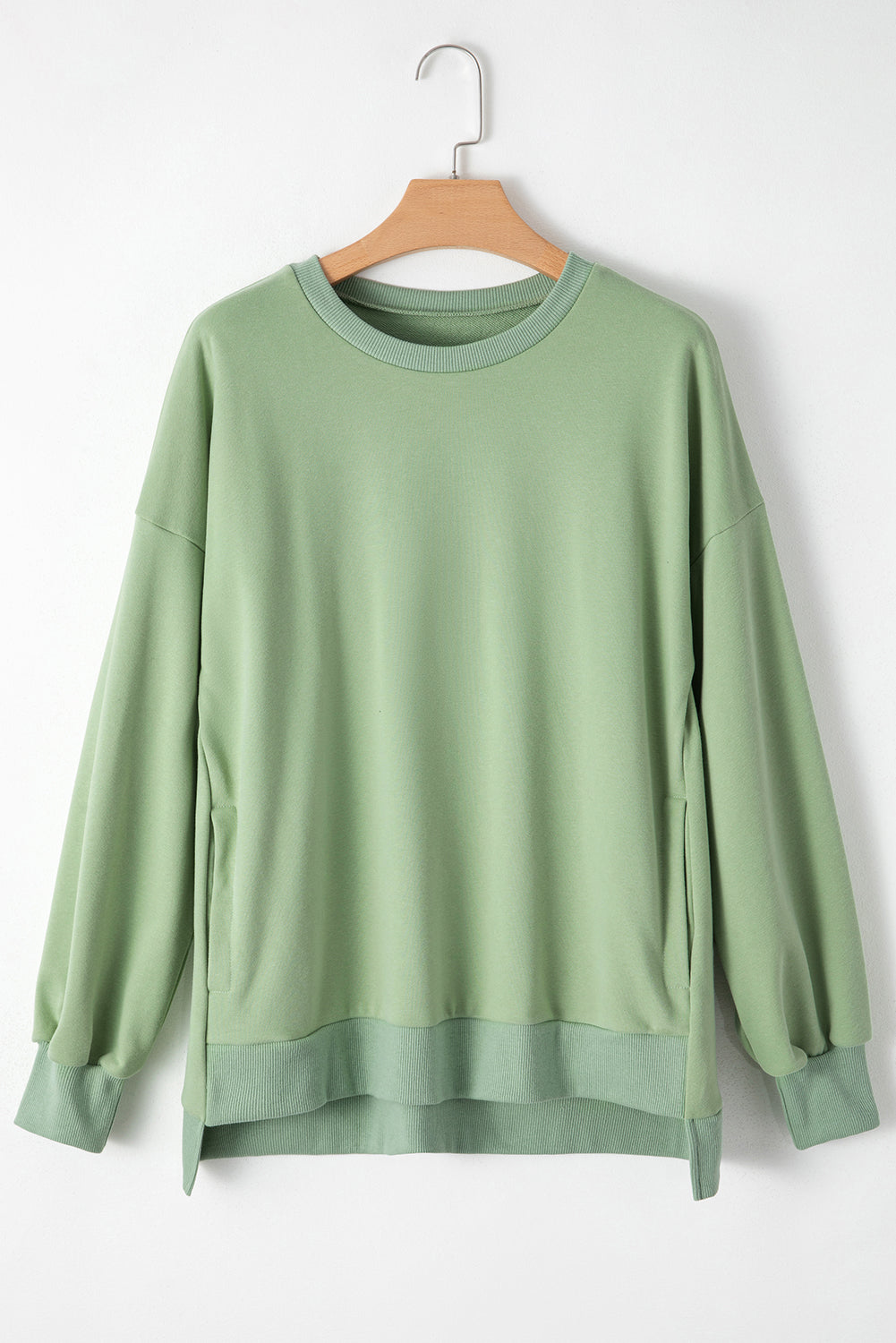 Parchment Solid O Neck High Low Hem Pullover Sweatshirt
