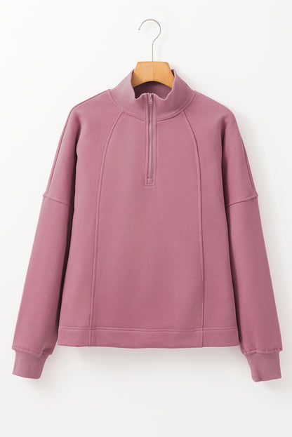 Smoke Gray Zipped Neck Pullover Drop Shoulder Sweatshirt