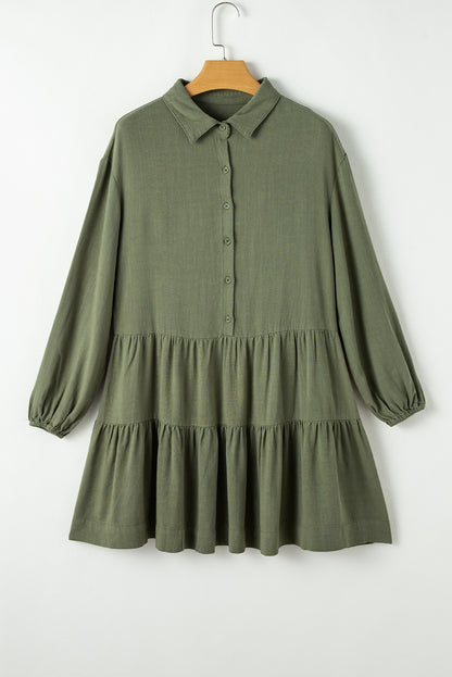 Tan Puff Sleeve Buttoned Tiered Pleated Shirt Mini Dress