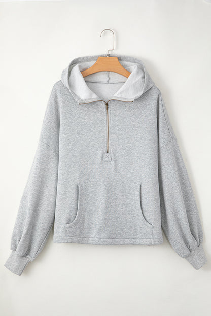 Bonbon Fleece Lined Half Zipper Kangaroo Pockets Loose Hoodie