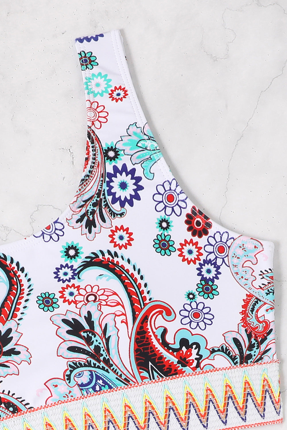 White Boho Paisley Contrast Trimmed One-shoulder Bikini