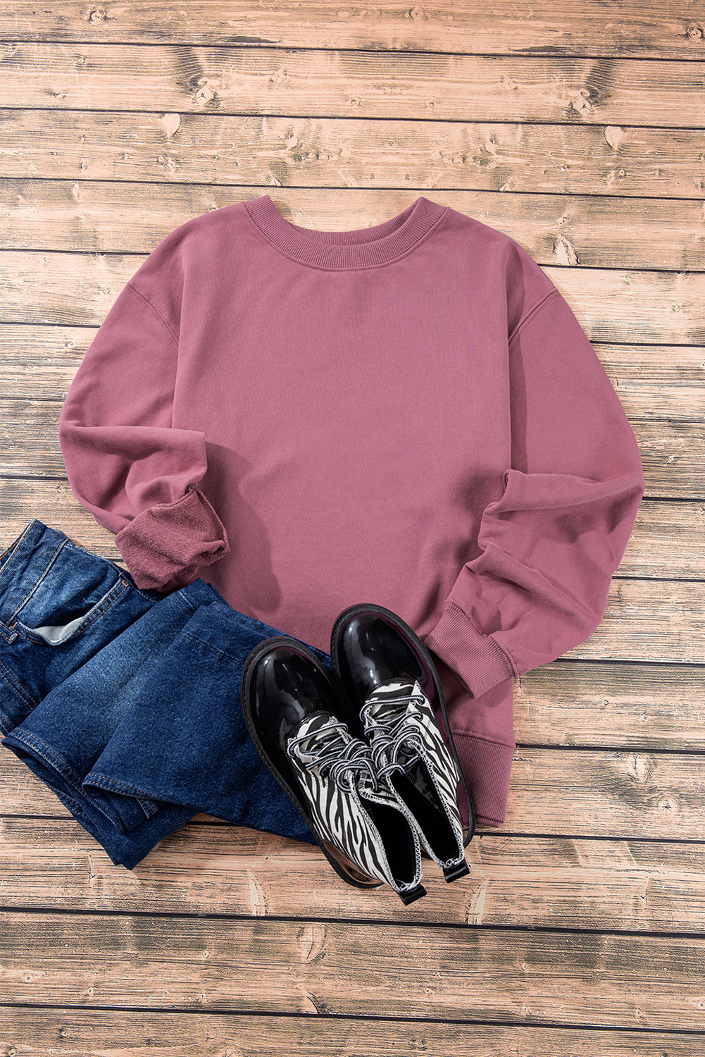 Navy Blue Plain Drop Shoulder Crewneck Pullover Sweatshirt