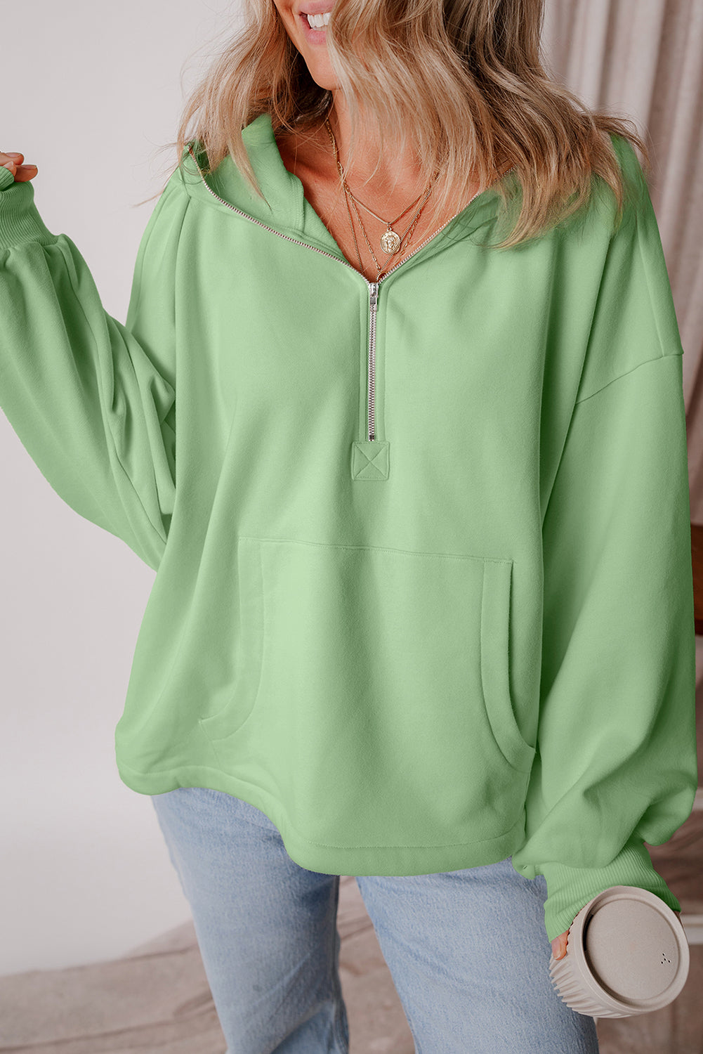 Bonbon Fleece Lined Half Zipper Kangaroo Pockets Loose Hoodie