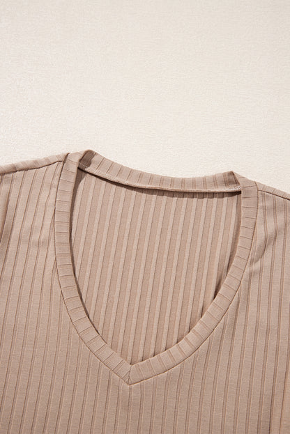 Strawberry Pink Ribbed Knit V Neck Long Sleeve Slim Fit Top