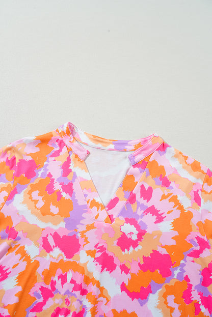 Pink Plus Size Abstract Floral Print V Neck Blouse