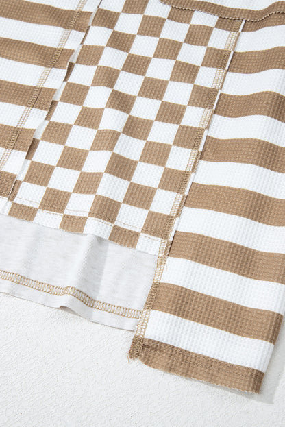Rose Red Checkerboard Striped Patchwork Lantern Sleeve Pocketed Blouse