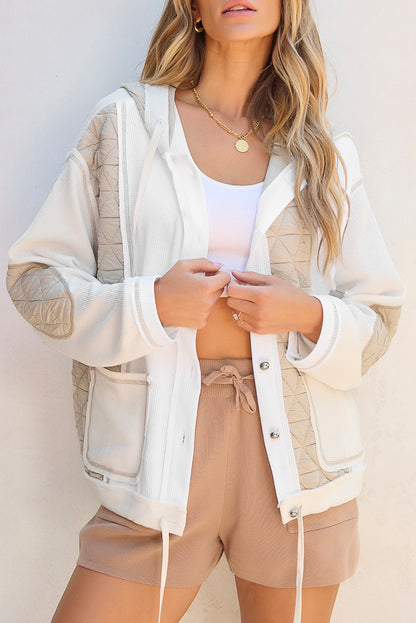 Light Blue Quilted Textured Patchwork Loose Fit Hooded Jacket