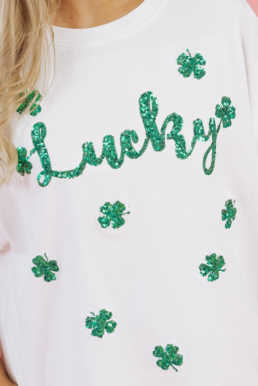 White St Patrick Lucky Clover Sequin Graphic T Shirt