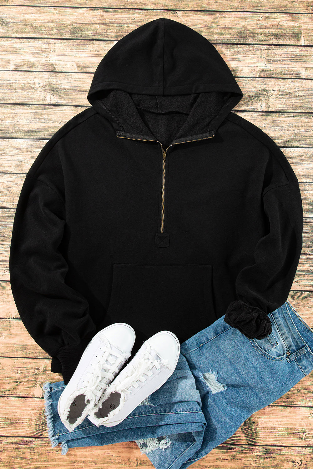 Bonbon Fleece Lined Half Zipper Kangaroo Pockets Loose Hoodie
