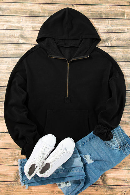 Bonbon Fleece Lined Half Zipper Kangaroo Pockets Loose Hoodie