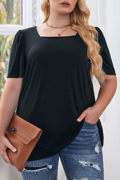 Green Plus Size Square Neck Ruched Shoulder Short Sleeve Top