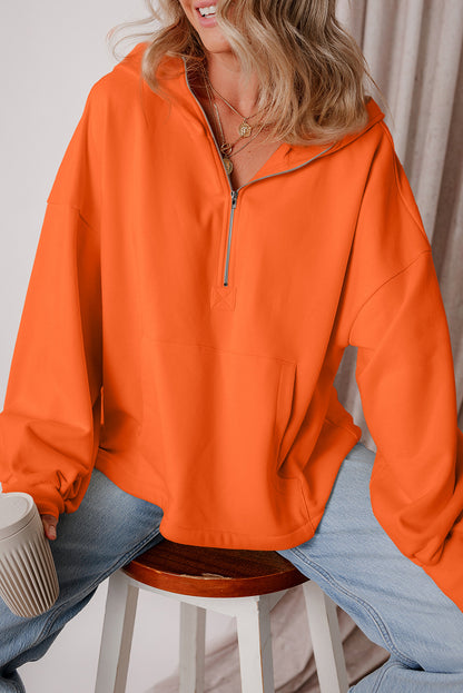 Bonbon Fleece Lined Half Zipper Kangaroo Pockets Loose Hoodie