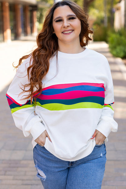 White Plus Size Colorful Striped Drop Shoulder Loose Sweatshirt