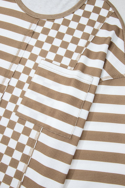 Rose Red Checkerboard Striped Patchwork Lantern Sleeve Pocketed Blouse