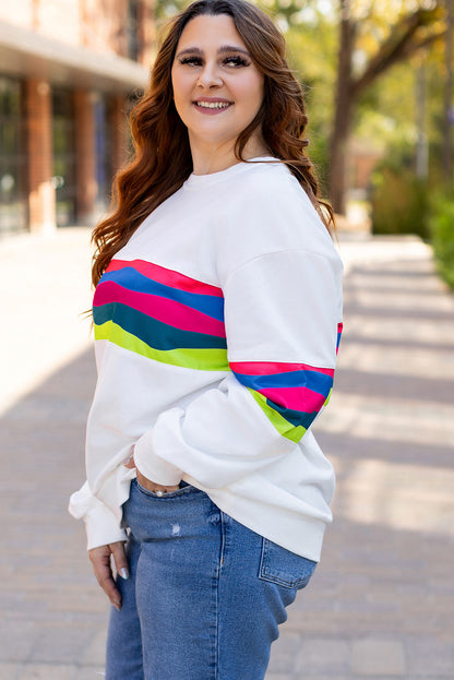 White Plus Size Colorful Striped Drop Shoulder Loose Sweatshirt