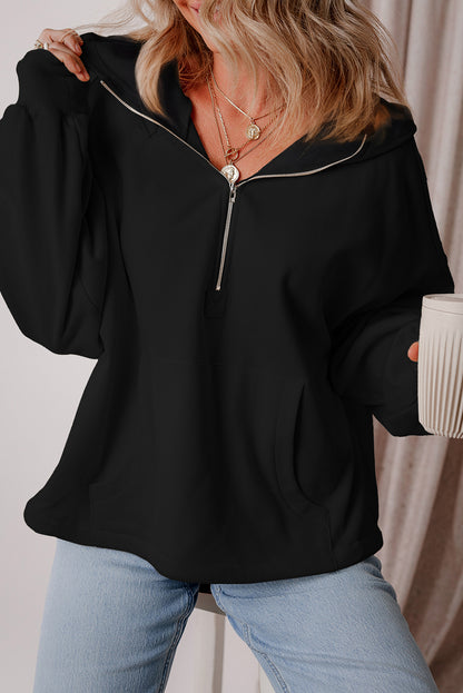 Bonbon Fleece Lined Half Zipper Kangaroo Pockets Loose Hoodie