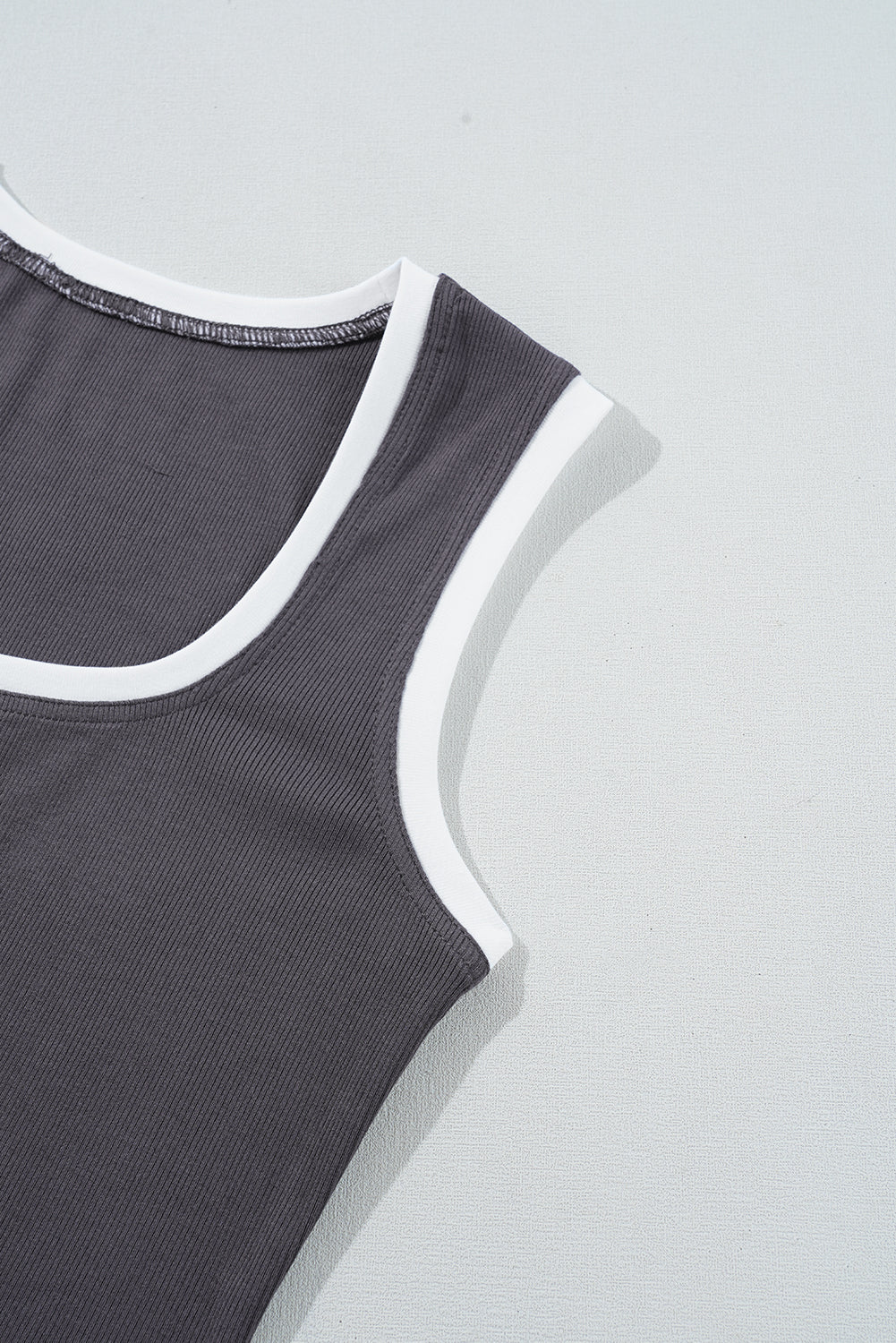 Smoke Gray Ribbed Knit Colorblock Edge U Neck Slim Fit Tank Top