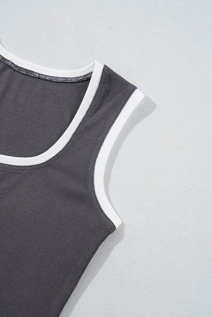 Smoke Gray Ribbed Knit Colorblock Edge U Neck Slim Fit Tank Top