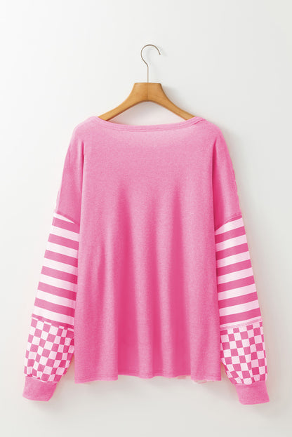 Rose Red Checkerboard Striped Patchwork Lantern Sleeve Pocketed Blouse