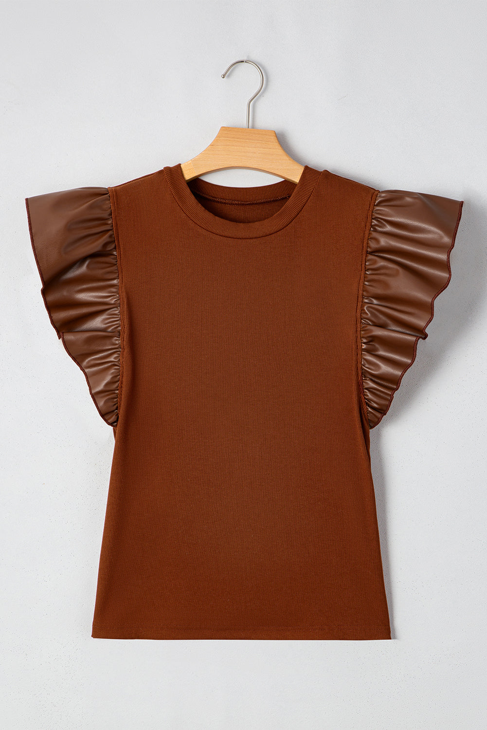 Black Leather Ruffle Sleeve Patchwork Round Neck Blouse