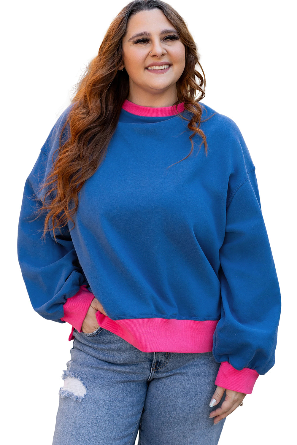 Sky Blue Color Block Edge Balloon Sleeve Plus Size Sweatshirt