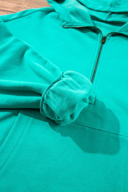 Bonbon Fleece Lined Half Zipper Kangaroo Pockets Loose Hoodie
