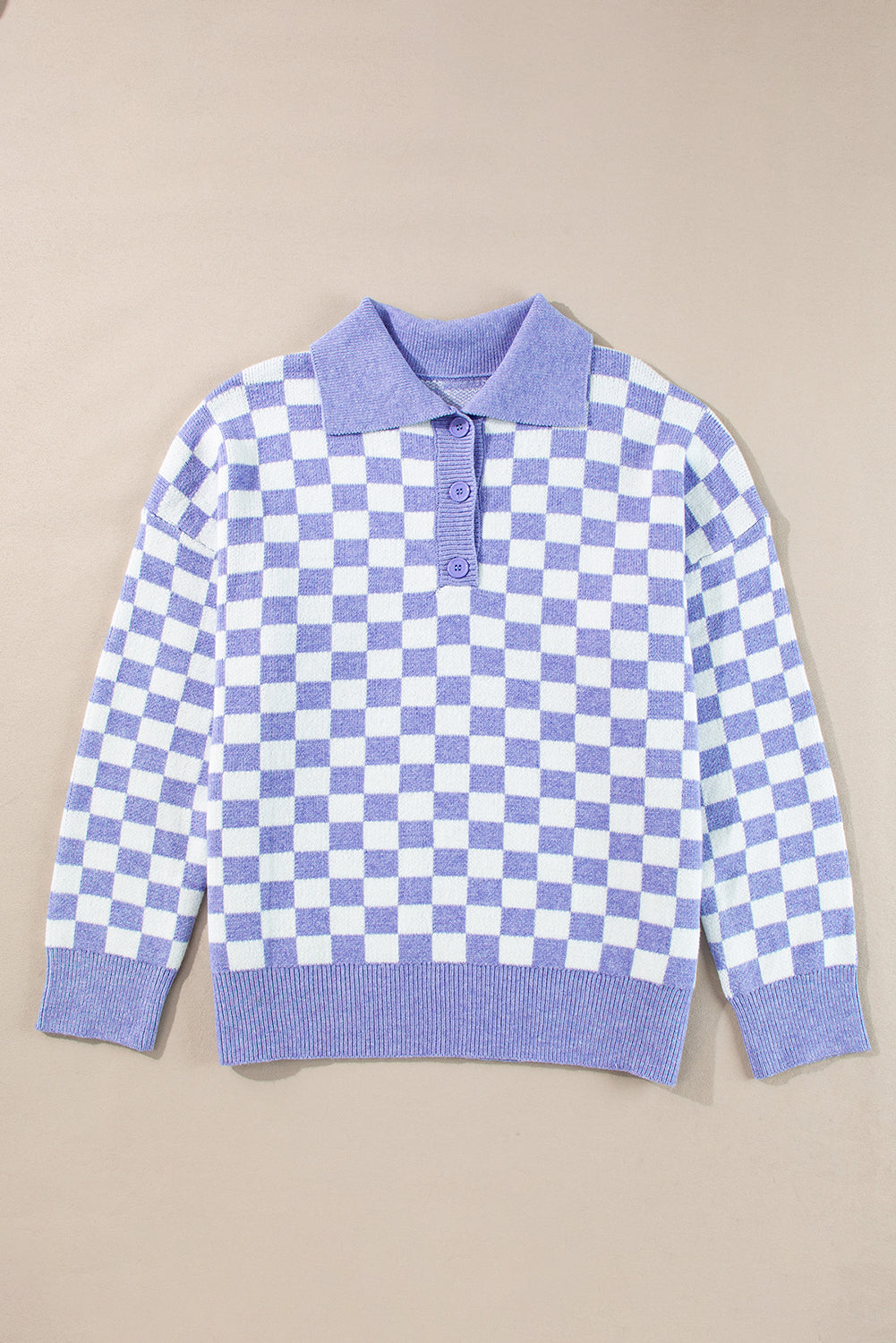 Purple Checkered Collared Buttons Plus Size Sweater