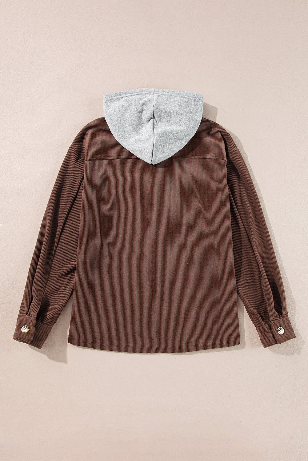 Pale Khaki Hooded Drawstring Pockets Corduroy Shacket